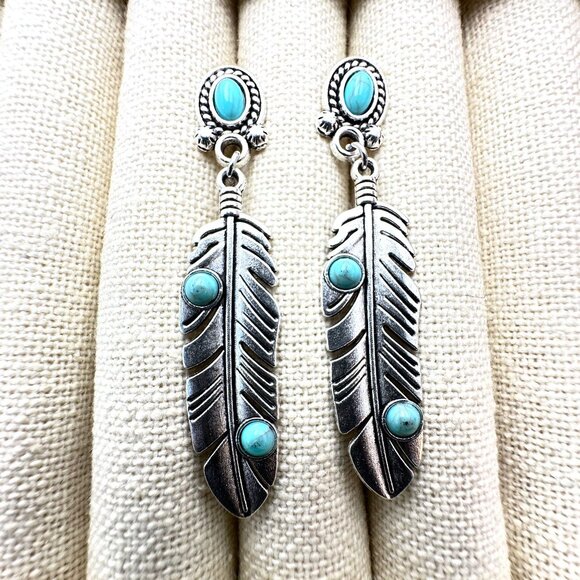 Western Style Silver Tone Feather Pierced Earrings Blue Faux Turquoise 2 Inch - Picture 4 of 4